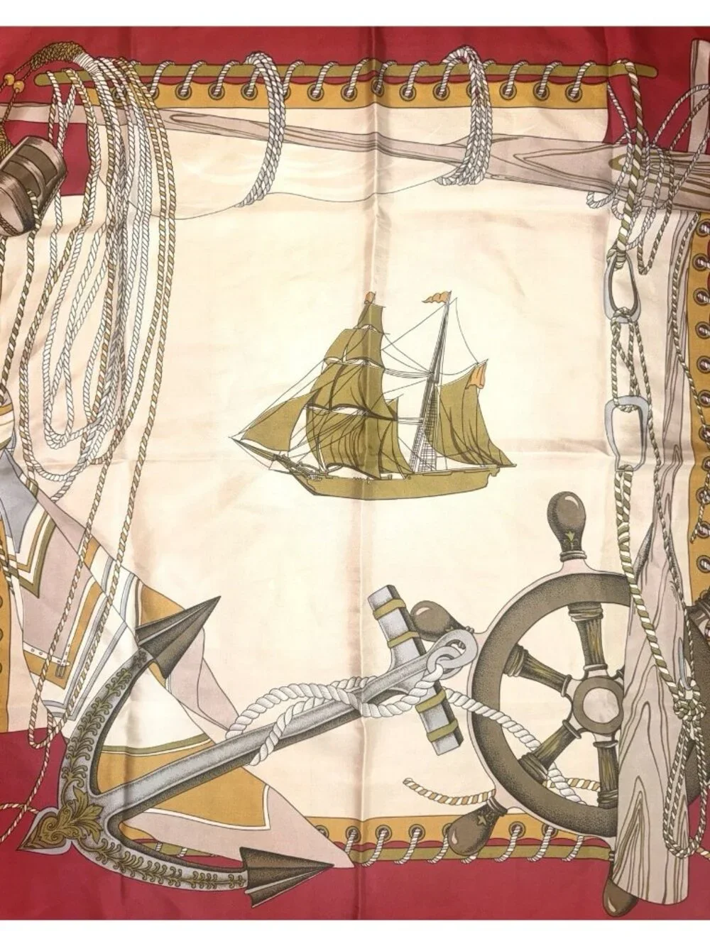 Vtg NAUTICAL SILK SCARF Ship Sailing Anchor Pulley Rope Red Gold White - 30